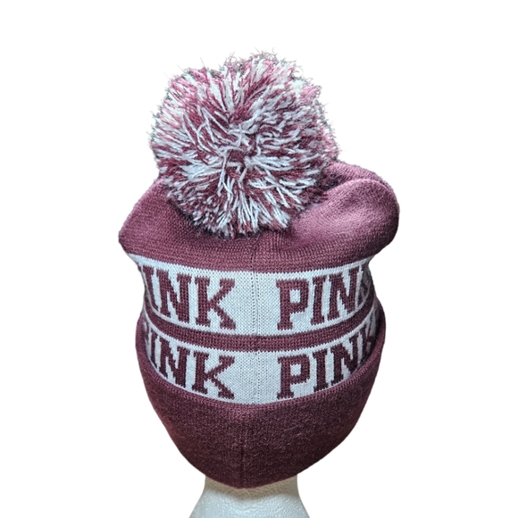 Victoria's Secret PINK NATION Pom Pom Maroon Knit Beanie - Picture 5 of 6